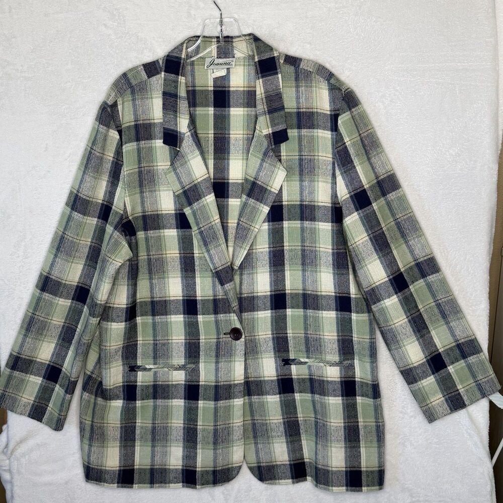 Vintage Joanna Aqua Plaid Boyfriend Blazer Sz XL Preppy Academia Grandma‎ Office
